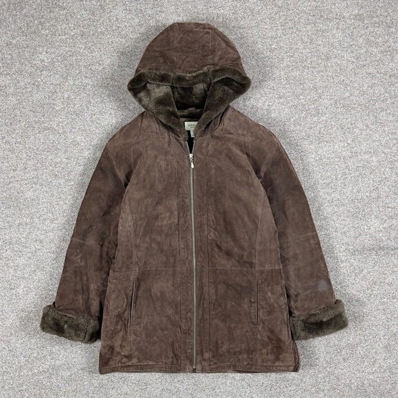 St. John's Bay Jackets & Blazers - St John’s Bay Brown Washable Suede Leather Zip Jacket Women’s L Hooded Fur Lined